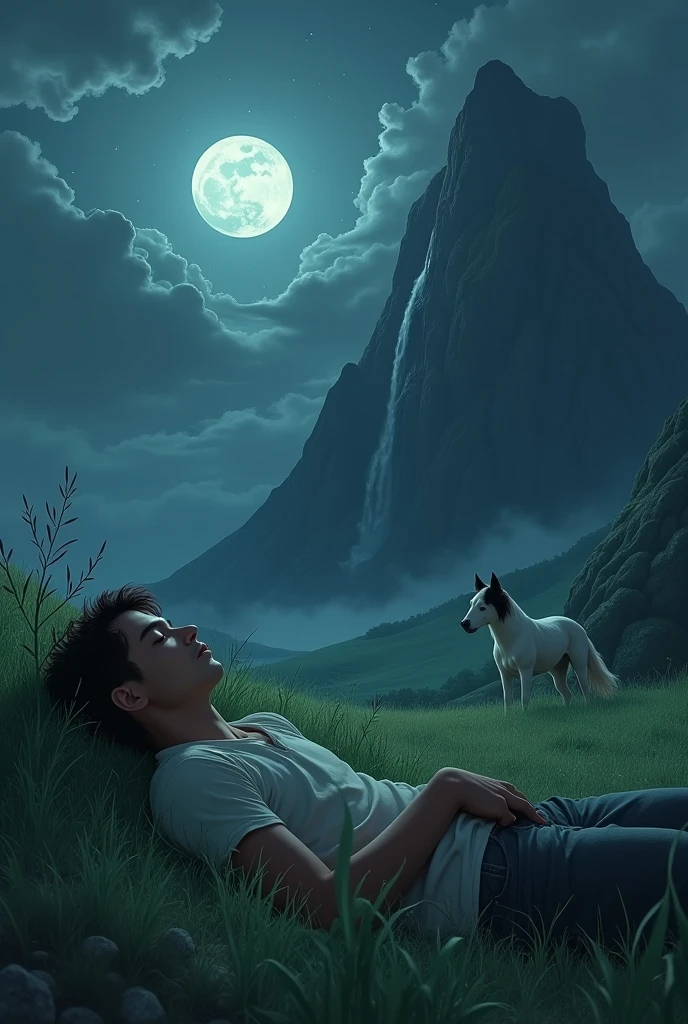 A young man sleeping ina green land too see moon darkly covered by clouds and grass should should be moving in the wind and a white and black dog stand near to man along with a horse to eat grass and man should wears pent coat with head lightly uplifted too see man that is over a big mountain should be not infront of man but with side with water fall with stars at the sky and moon should be half or less