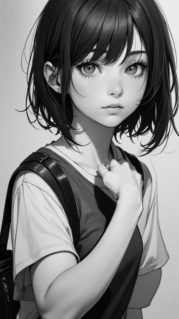 1 boyish girl, solo, bags under eyes, monochrome, greyscale, short black hair, portrait, T-shirt, closed mouth, looking at viewer, sketch, graphite \(medium\), detailed lips, hatching \(texture\), without makeup, bangs, upper body, (best illustration), (best quality), (very detailed), (masterpiece), expressionless,