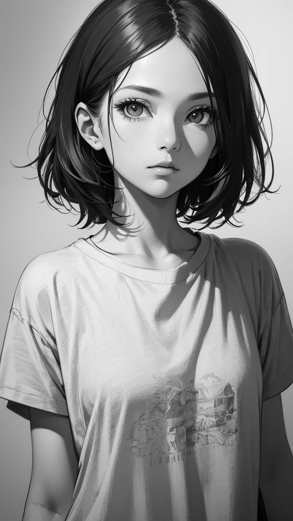 1 boyish girl, solo, bags under eyes, monochrome, greyscale, short black hair, portrait, T-shirt, closed mouth, looking at viewer, sketch, graphite \(medium\), detailed lips, hatching \(texture\), without makeup, bangs, upper body, (best illustration), (best quality), (very detailed), (masterpiece), expressionless,