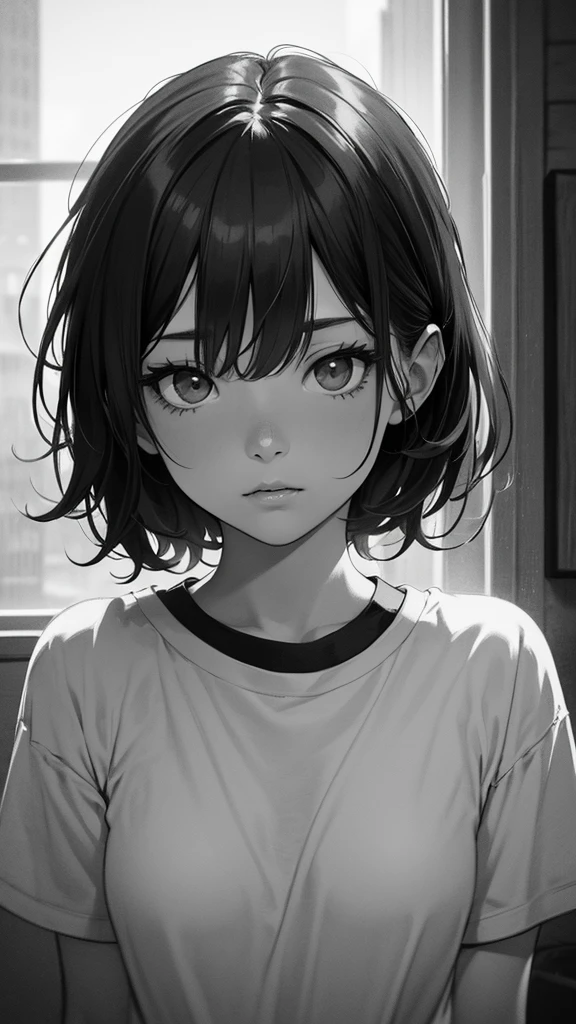 1 boyish girl, solo, bags under eyes, monochrome, greyscale, short black hair, portrait, T-shirt, closed mouth, looking at viewer, sketch, graphite \(medium\), detailed lips, hatching \(texture\), without makeup, bangs, upper body, (best illustration), (best quality), (very detailed), (masterpiece), expressionless,