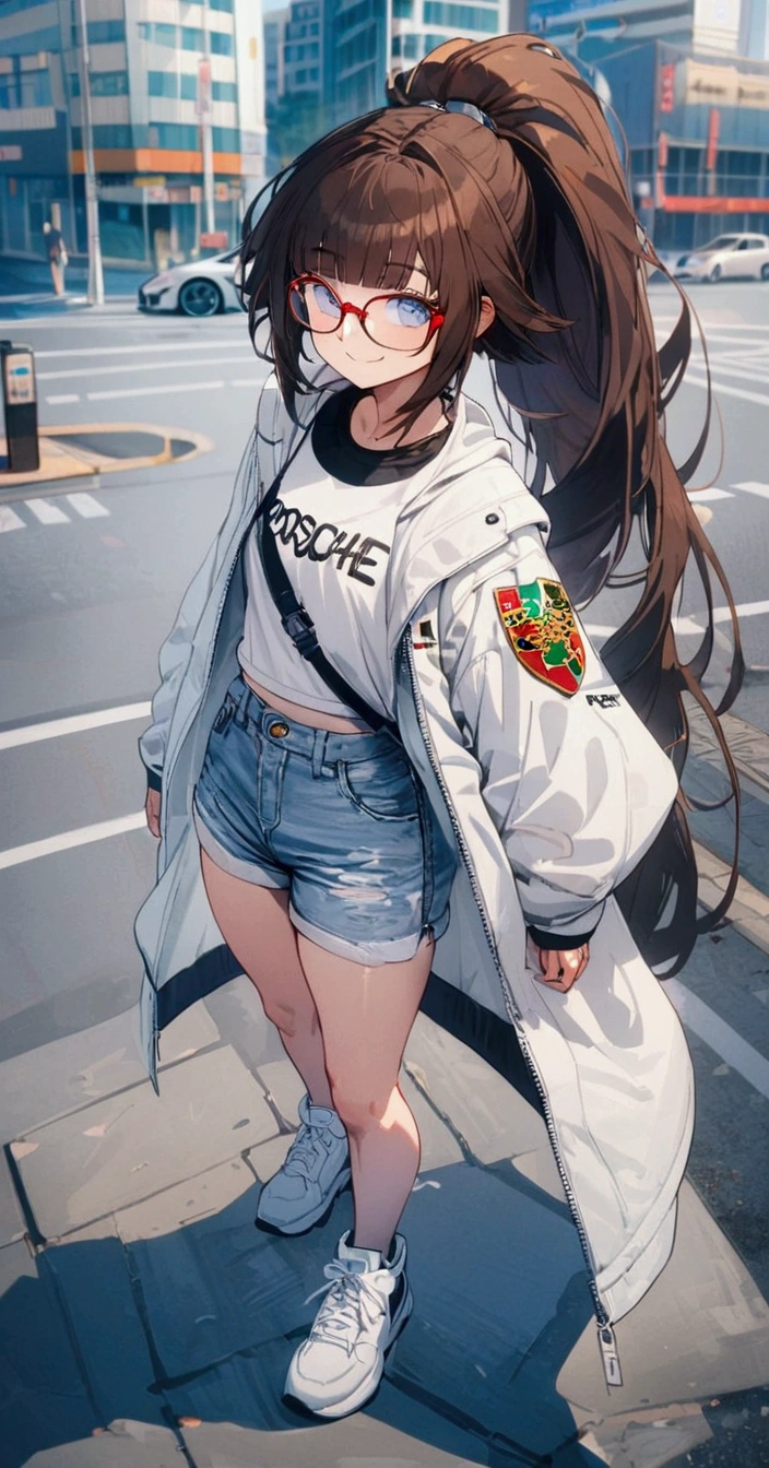 4k, 1 guy femboy, glasses, long messy brown ponytail, blue eyes, white jacket, black t-shirt, white jean shorts, Korean bangs, streets background, smile, full body, standing, facing camera, standing infront of Porsche