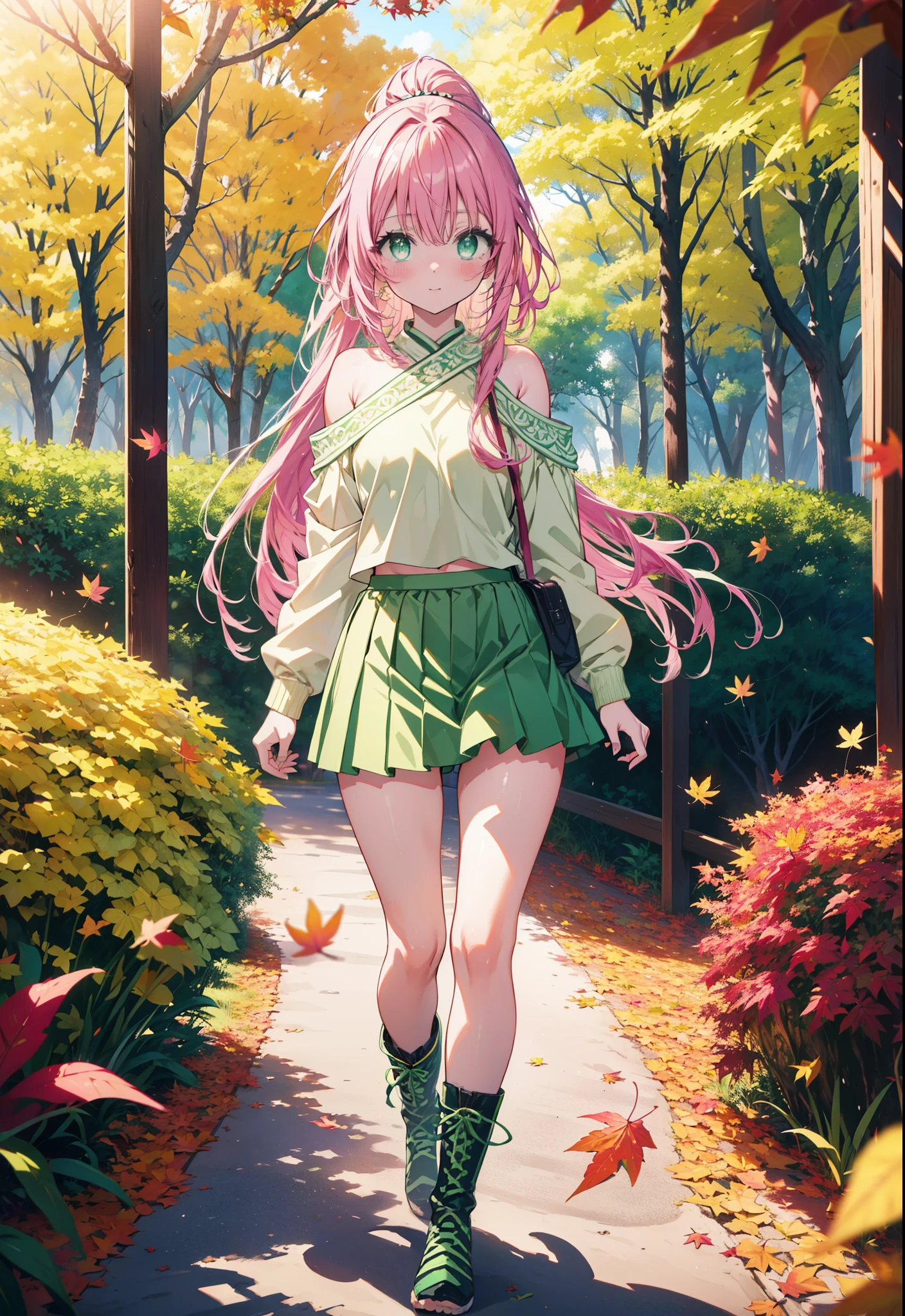 Laladevi Luke, Lara Deviluke, Long Hair, Pink Hair, tail, Ahoge, bangs, hair ornaments, (Green Eyes:1.5), smile,Open your mouth,ponytail,Open your mouth,blush,
break demon tail, One-shoulder sweater,mini skirt,black tights, short boots,Walking,autumn leaves,autumn leavesが散っている,autumn leavesが積もっている,Daytime,Clear skies,whole bodyがイラストに入るように,
break outdoors, forest,
break looking at viewer, whole body,
break (masterpiece:1.2), Highest quality, High resolution, unity 8k wallpaper, (figure:0.8), (beautiful detailed eyes:1.6), extremely detailed face, Perfect lighting, extremely detailed CG, (Perfect hands, Perfect Anatomy),