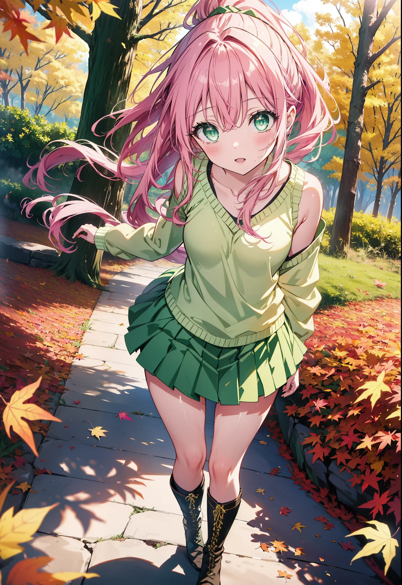 Laladevi Luke, Lara Deviluke, Long Hair, Pink Hair, tail, Ahoge, bangs, hair ornaments, (Green Eyes:1.5), smile,Open your mouth,ponytail,Open your mouth,blush,
break demon tail, One-shoulder sweater,mini skirt,black tights, short boots,Walking,autumn leaves,autumn leavesが散っている,autumn leavesが積もっている,Daytime,Clear skies,whole bodyがイラストに入るように,
break outdoors, forest,
break looking at viewer, whole body,
break (masterpiece:1.2), Highest quality, High resolution, unity 8k wallpaper, (figure:0.8), (beautiful detailed eyes:1.6), extremely detailed face, Perfect lighting, extremely detailed CG, (Perfect hands, Perfect Anatomy),