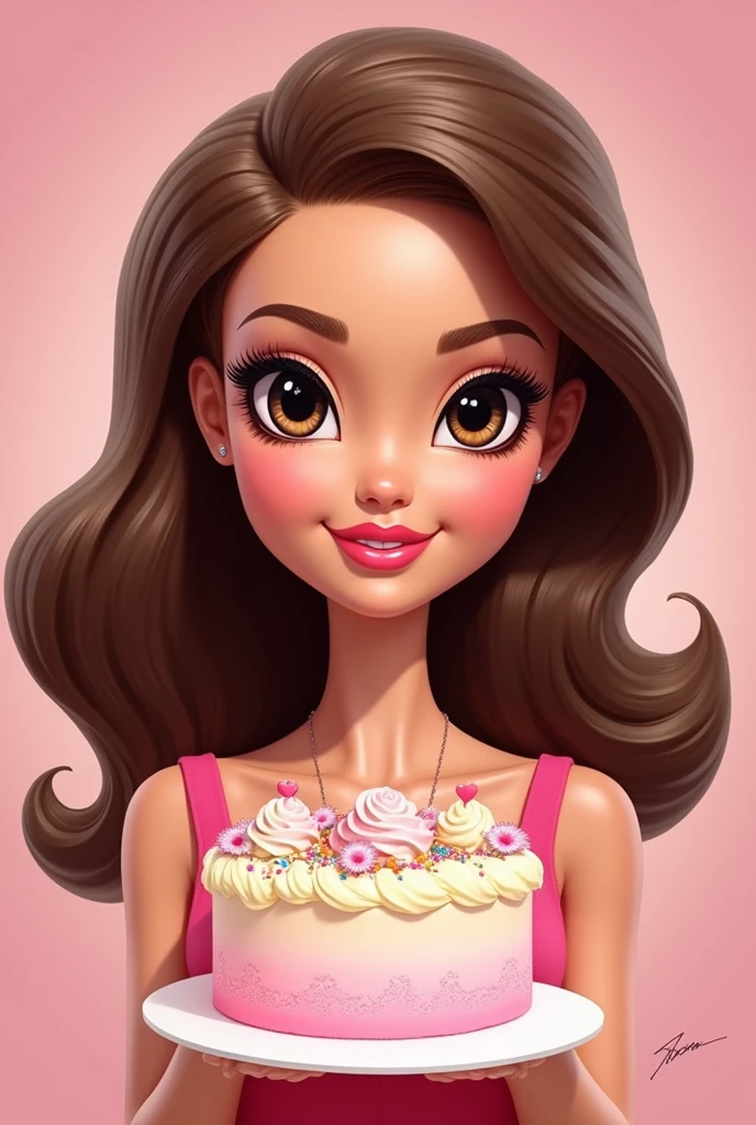 Create a barbie-style caricature of a woman with wavy brown hair mid-back and brown eyes with a cake