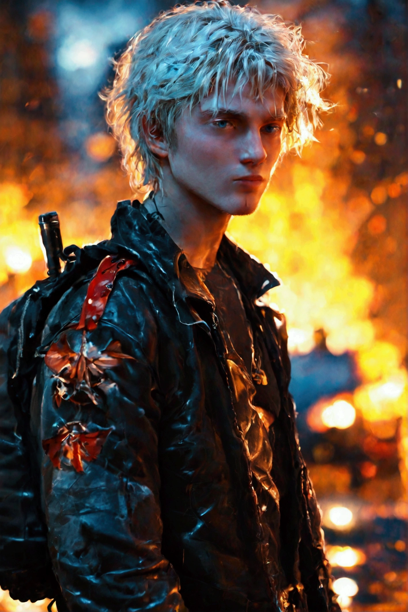 A close-up and front view of a young adult with an athletic body, clearly masculine with marked features, 1,9metros, blonde hair and blue eyes, modern haircut, Russian ancestry, He wears a black varsity jacket with red details, Inside he is wearing a black t-shirt with what appears to be a military logo., a large backpack on his back and a 9mm in a cross-body holster. apocalipsis zombie. city night. Car on fire. sportsman.