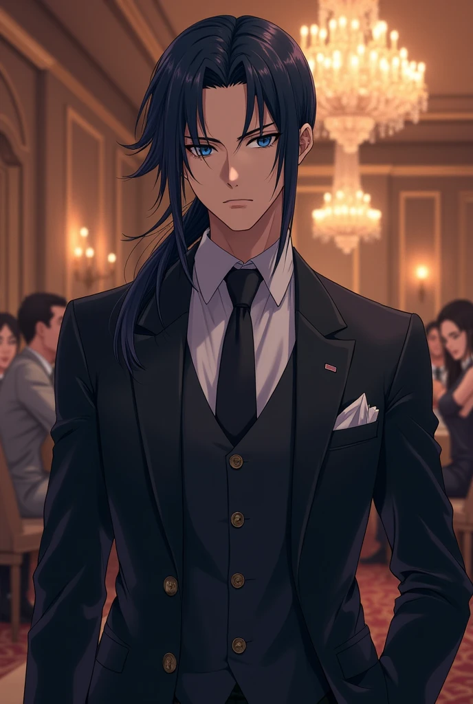 Long black hair anime man with long ponytail short bob on his forehead dark blue eyes dressed in elegant suit at an anniversary party