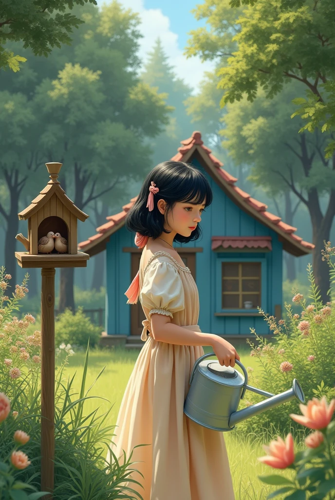 A girl in peasant dress. She is holding a plant watering can! She has snow white skin and black hair with a long bob hairstyle.. She has a scarf in her hair. she is in the backyard of a blue wooden cabin in the middle of the forest. She is admiring a birdhouse where two brown pigeons live.