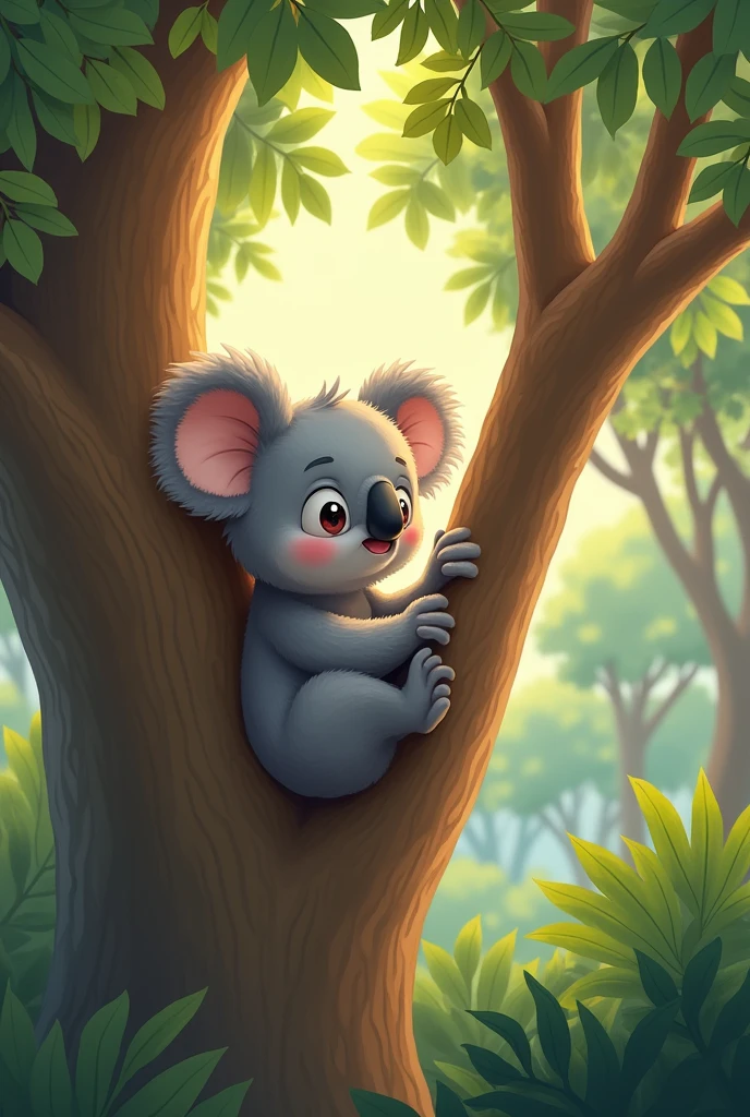 Once upon a time there was a little koala named Koa who lived in a beautiful eucalyptus tree in a quiet jungle in Australia.. Koa was a curious and dreamy koala. .
 cute cartoon
