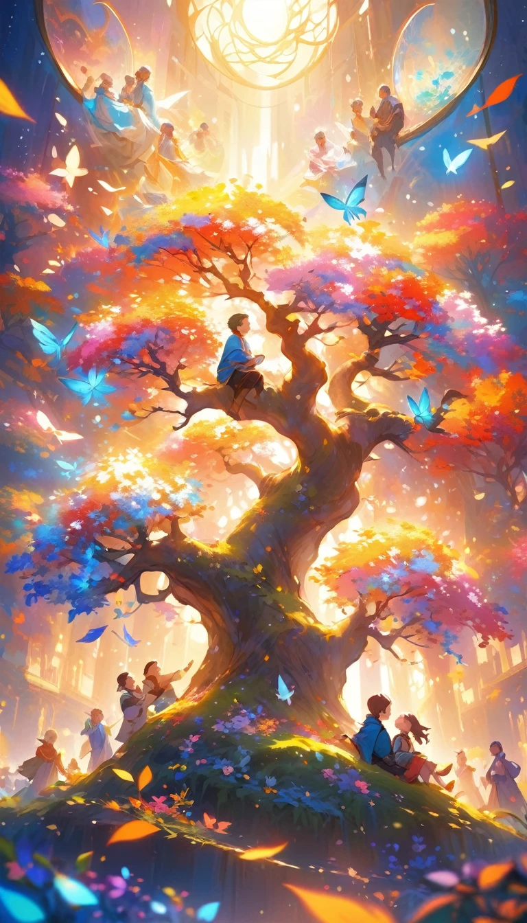 a happy and joyful scene of cows and a college boy enjoying life, surrounded by vibrant colors, soft lighting, and a sense of wonder and tranquility, showing the beauty and interconnectedness of all living things, the moments of connection and separation, life and death, capturing the essence of happiness that transcends the boundaries of philosophy and reason, inviting the viewer to reflect on their own state of being and find contentment within, lord Krishna playing flute under the tree