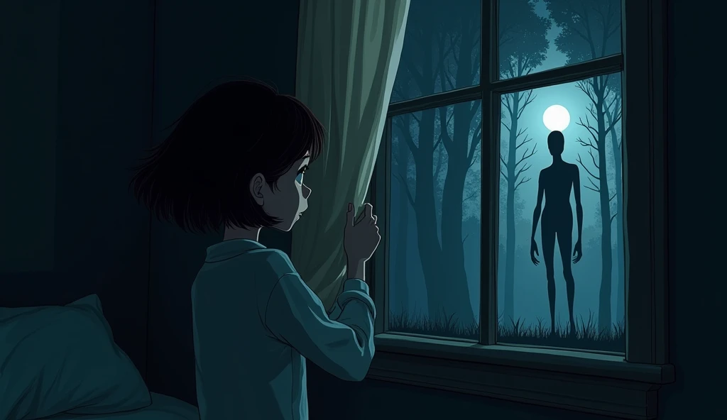 Nighttime Encounter: Looking Out the Window
In the dark of night, Lucy stands by a window, cautiously pulling the curtain aside to peek outside. Her face is pale with fear. Through the window, the viewer sees a tall, slenderman silhouette standing among the dark trees. The figure is unnaturally still, its arms hanging down past its knees, almost touching the ground. The moon casts a faint, eerie light, barely illuminating the figure’s blank, white face.