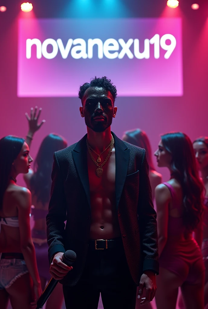 Design a scene featuring Ethan Alexander Paull, a 1 UK drill rap artist, his face hidden with a sexually appealing mask. He's in a middle of a performance at a renowned club with the most luxury mic , surrounded by young girls that are over him, alluring women who amplify his menacing and seductive aura. His presence commands attention, with his Instagram id NOVANEXUS19 displayed prominently behind him on a large screen, highlighting his status and influence in the music scene. The club is alive with energy, reflecting his intense and charismatic persona.