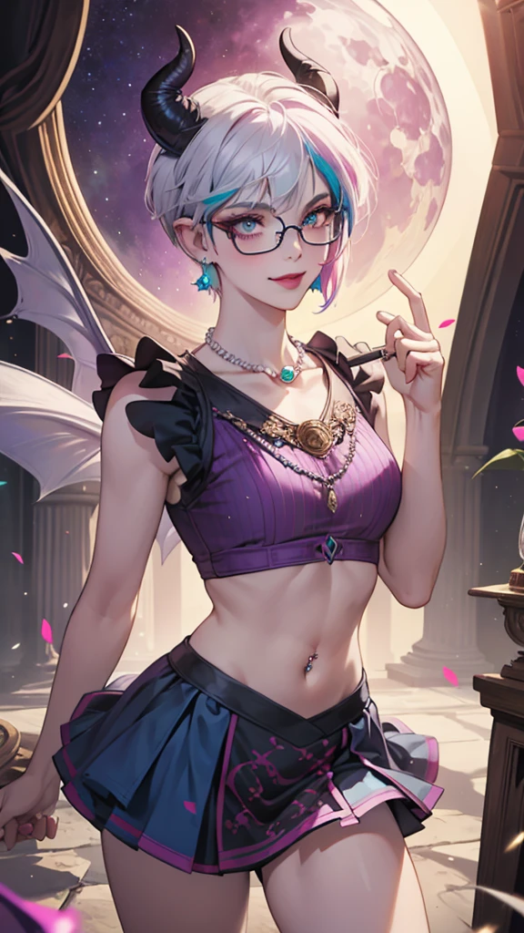 8k, masterpiece, best quality, highly detailed, 1 girl, tiefling, warlock, pixie cut, multicolored hair, very short straight hair red highlight hair on white hair, strippled hair, wearing glasses, round glasses, earrings, navel piercing, red eyeshadow, long eyelashes, blushed cheek, red lips, pearl necklace, rings, collarbone, mole on face, glamorous, teal and purple clothes, sleeveless, miniskirt, smirk, close up view, rings, looking at viewer, demon horns, solo, starry sky, pale blue moon, standing, boxing stance, demonic arms, chains on the background.