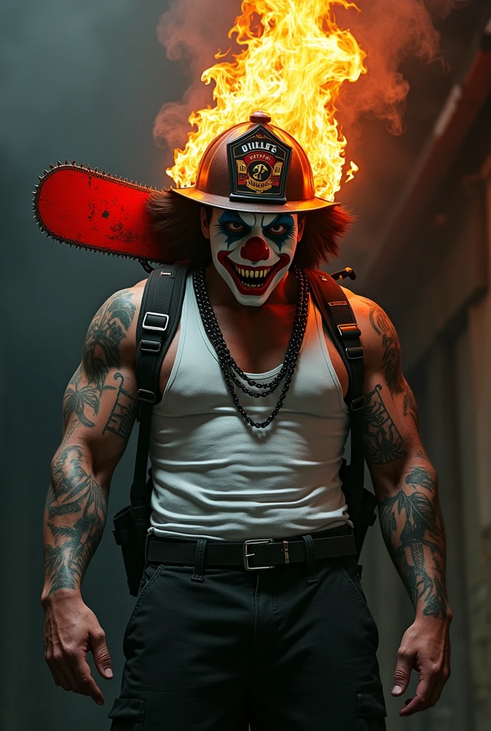 A muscular firefighter, wearing a fireman hat with uniform wearing a scary clown mask, with the head on fire, wearing a white tank top and with tattoos on his arm, with very large round very matte red glasses, with a red spinning saw on his back, with a very large black chain going down his neck