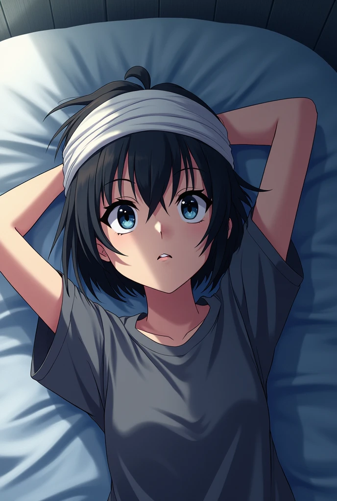 Anime girl with short black hair and her head wrapped in a bandage to avoid injury and the girl is 1 lying on the bed with her hands behind her head and looking at the surface with sharp features and wearing clothes similar to boys&#39; clothes 
