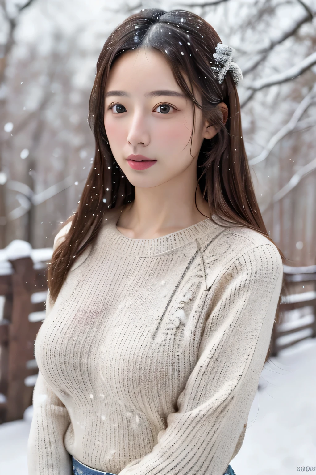 (masterpiece:1.35),(best-quality:1.4),8k,ultra-detailed,photography,(ultra-realistic:1.4), adult girl, long hair, sweater, snowing background, Large Breast, Slim Body,