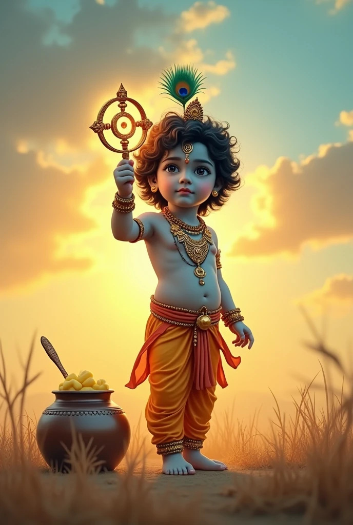 Little Krishna standing in battle ground, in his right hand is up and first finger of his hand he is holding iconic chakra, chakra revolving on his finger, cute face, peacock feather on head, pot of lots of butter on side, yellow and blue sky, 4k resolutions