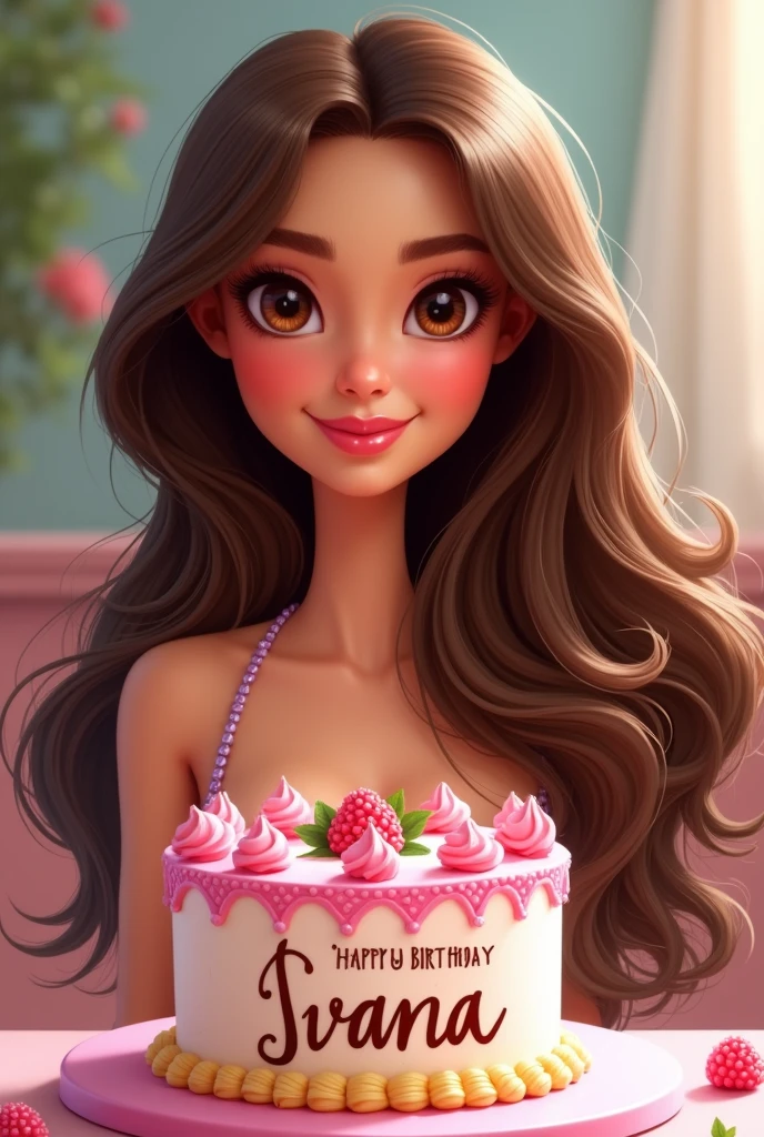Create a barbie-style caricature of a woman with wavy brown hair down the middle of her back and brown eyes with a cake that says happy birthday Ivania in the background
