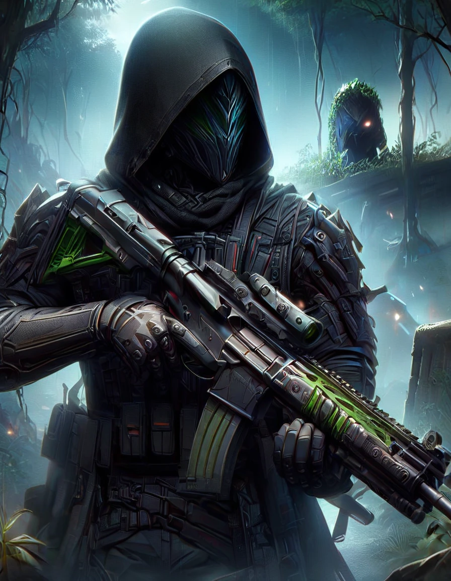 Masterpiece, best quality, 1 man, A 30-year-old man, Focus Man, alone, alone focus, handsome,black short hair, Turquoise eyes, Black bulletproof vest, Mercenaries, (Holding an assault rifle),M16 rifle standing position, Shooting position, Battlefield backdrop,jungle, Dark theme, Overgrown forest, Diffused light, rain, Moonlit clouds, War zone, serious, A solemn face, Hazardous atmosphere.