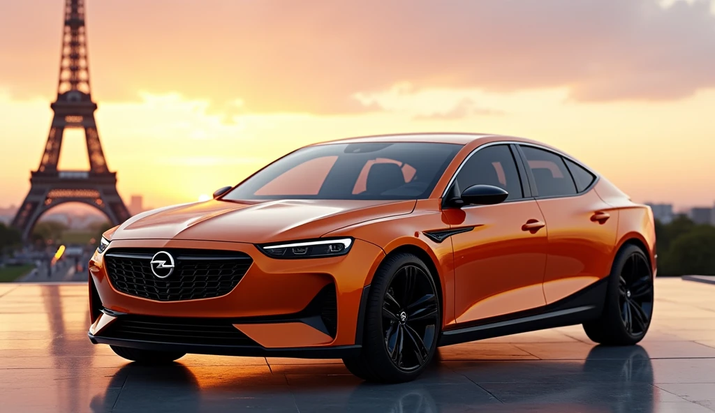 Create a high quality 16K HD image, ultra realistic, photo realistic, plan de3/4 before, prototype opel, avec les trait distinctif de l’opel Astra 6, berline compact, with features reminiscent of the Opel Manta E, the features of the 504 legend. Grille front opel visor, feu diurne allumer, rear window slightly tinted, revealing a modern interior, two-tone body colors kabalt orange metallic and black, black rim. Position on the Eifel Tower esplanade, soleil couchant, reflection of the rays on the bodywork, realistic opel logos.