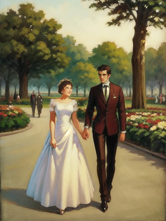 romantic scene, a young handsome man meets an elegant young lady in the park, by Francois Gerome