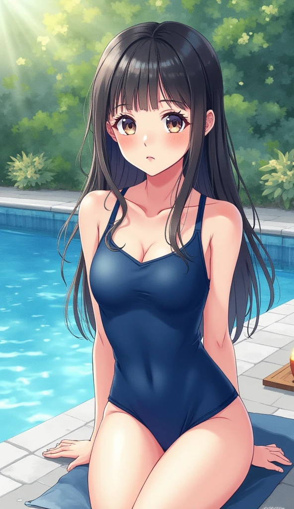 Poolside, navy blue school swimwear, cute Korean girl, realistic watercolor illustration, beautiful detailed eyes,