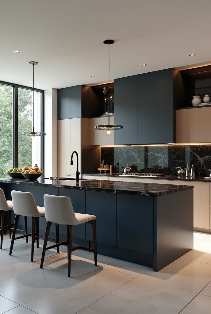 Professional 3d architecture rendering design of modern kitchen with   So dark blue vintage and dark beige  and dark gray  cabinets and  modern  so light  gray design chairs  shiny  black   marble island island and modern windows and complete showing kitchen and showing complete kitchen and modern windows and showing complete kitchen 