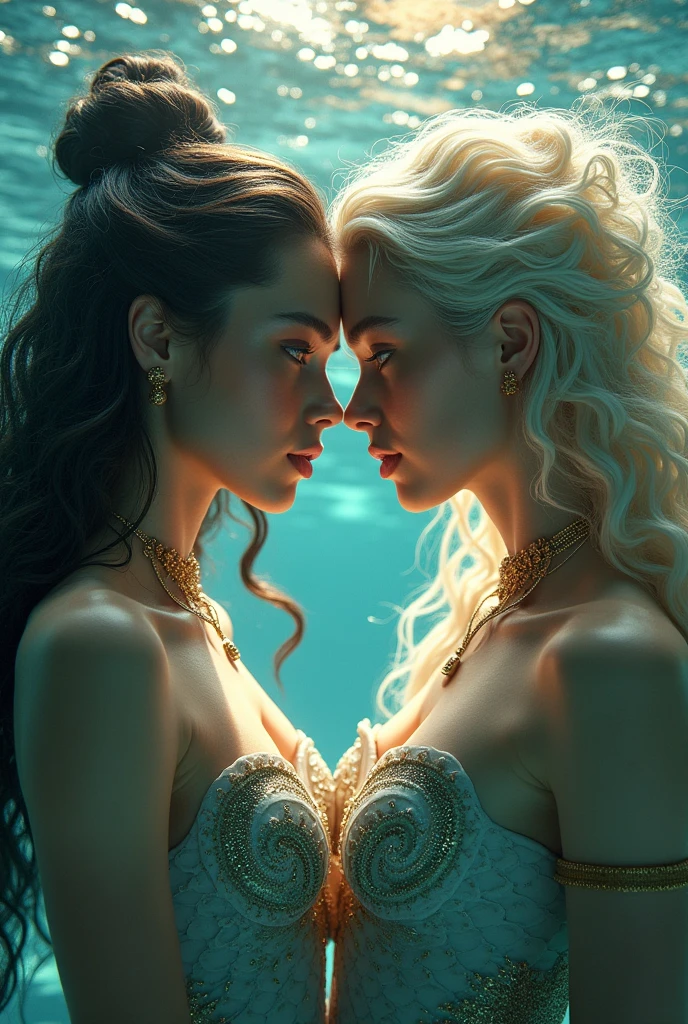 hyper detailed face and eyes the couple very pretty mermaid sexiest full warrior as godness of the Sea, the couple with happy smile very attractive, sensual, underwater, fantasy character portrait, masterpiece mermaid, ultra realistic, concept art, intricate details, highly detailed by greg rutkowski, background Legend Palace The Kingdom of the Sea with sun shine clearly full color art, masterpiece, super sharp, super portrait, UHD, 18K