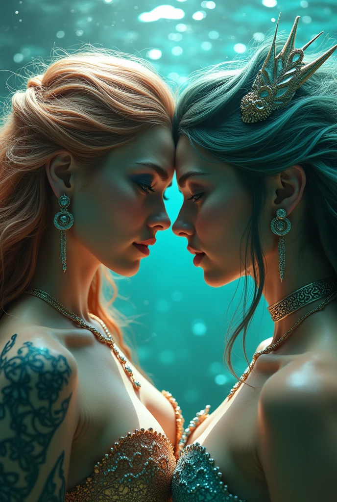 hyper detailed face and eyes the couple very pretty mermaid sexiest full warrior as godness of the Sea, the couple with happy smile very attractive, sensual, underwater, fantasy character portrait, masterpiece mermaid, ultra realistic, concept art, intricate details, highly detailed by greg rutkowski, background Legend Palace The Kingdom of the Sea with sun shine clearly full color art, masterpiece, super sharp, super portrait, UHD, 18K