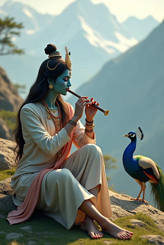 3D image of 30 year old Indian Girl who is sitting next to krishna ji and Krishna ji playing the flute, they both sit together on the mountain, Girl wearing suit Name “ANJALI” written on it, make sure text shout be misspelled, heaven like beautiful view background, peacock dancing,realistic image and Girl is in barefoot.