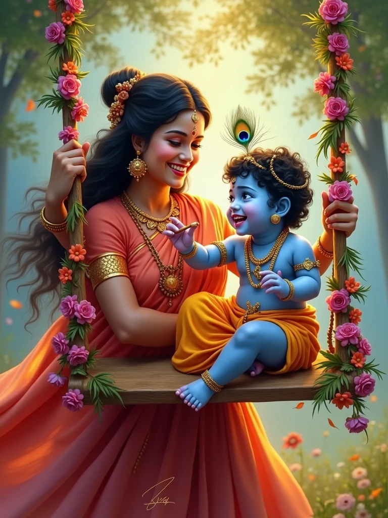 Mother Yashoda swinging her new born Little baby Krishna in a beautifully decorated jhoola (swing), both of them laughing joyously. Krishna, with his blue skin, peacock feather in his hair, and flute in hand, looks at Yashoda with a mischievous grin. The scene is vibrant and colorful, capturing the festive spirit and the unbreakable bond they share.