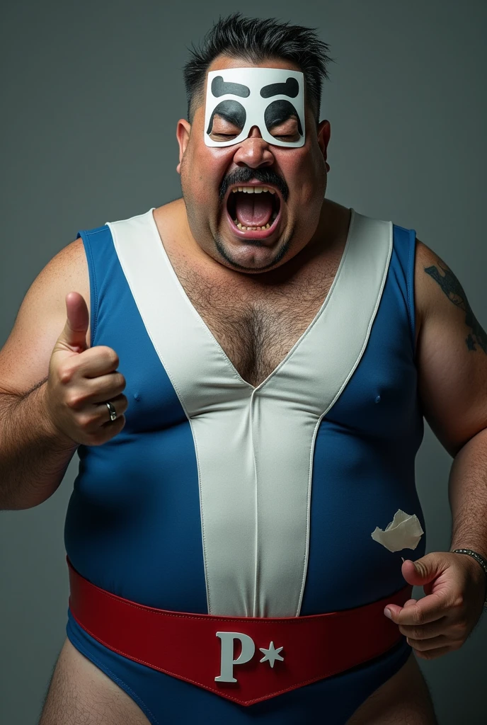 Malaysia male . Wear domino mask red. Mustache. Bearded face ,,chubby , short hair. Age 40 year old. Blue and white spandex. Open mouth mad. Anger face. Holding 0% paper . Show finger pose..red belt big "P * logo on belt.