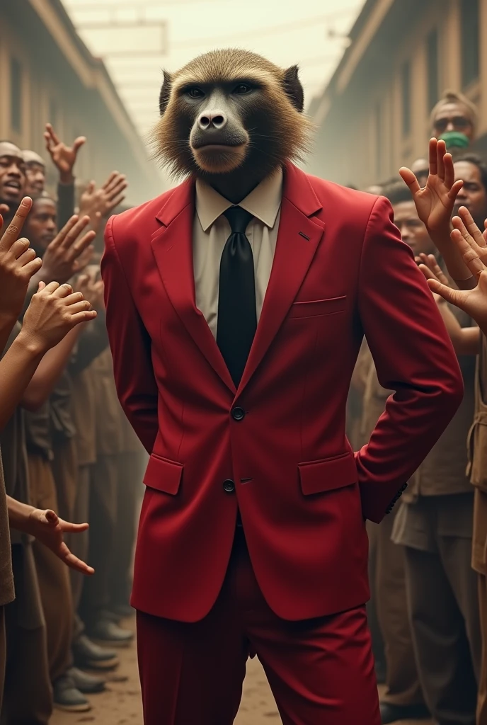 A baboon dressed in a red suit and black tie stands with one hand clasped behind his back in celebration. Behind him are hungry Asian people begging the monkey.
