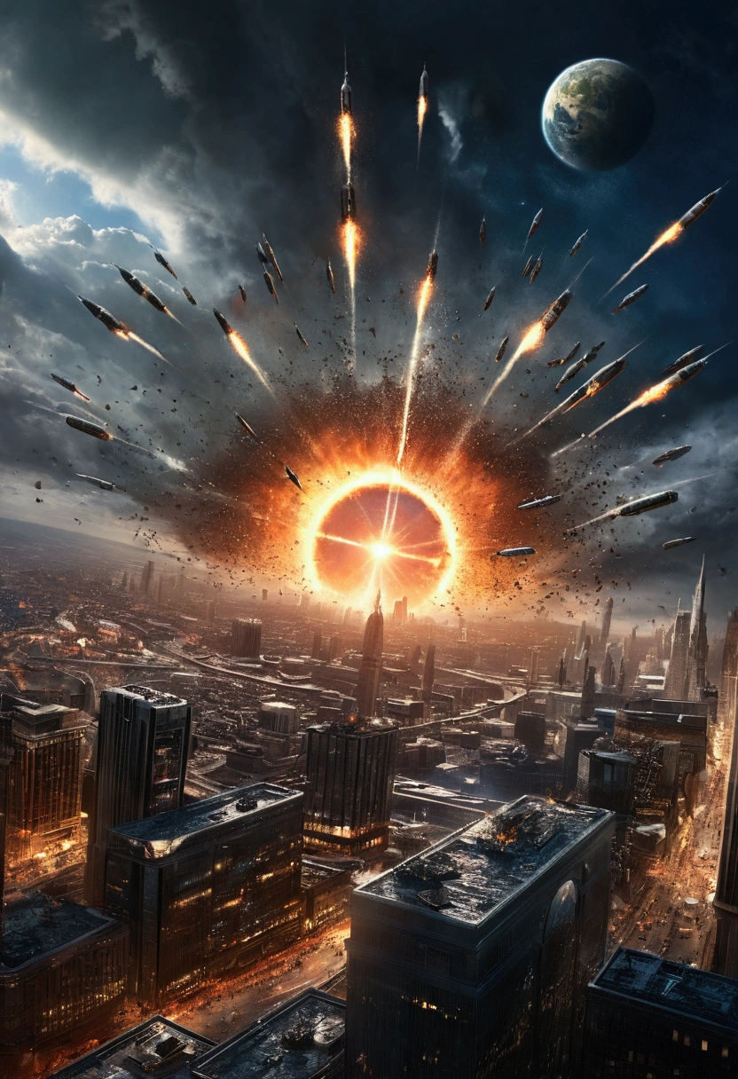 World, Galatic background, skyfall, metoride, bullets fall from the sky, chaos, at the city, blackhole at the sky, Valhalla view,