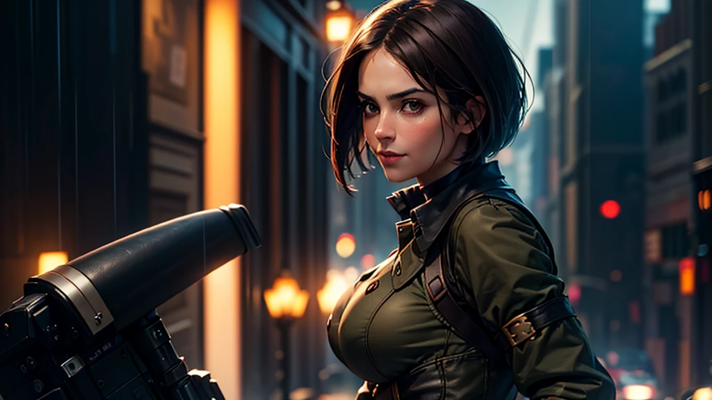 (at night), in a video game scene in the background, a beautiful city at night, raining, alone, standing looking straight ahead, military clothing with military green skirt and pants, black gloves, semi-short hair, ((semi-short hair)), 1 girl, 30 years old, young woman, perfect hands, Beautiful fingers, Beautiful long legs, Beautiful body, Beautiful nose, Beautiful character design, perfect face, looking straight at the viewer with a serious gesture and very upset, she has a black whip in her hand (focusing on her face), mouth closed, light_smile, official art, extremely detailed CG unity 8k wallpaper, perfect lighting, bright and colorful front lighting, shiny skin (artwork master: 1.0), (Best_quality: 1.0), ultra High resolution, 4k, ultra detailed photography, 8K, hdr, High resolution, Nonsense:1.2, Kodak portrait 400, film grain, Blurred background, bokeh:1.2, Flash lens, (vibrant_color:1.2), professional photography, (Beautiful, breasts: 1.4), (Beautiful_face: 1.5), (narrow waist),
