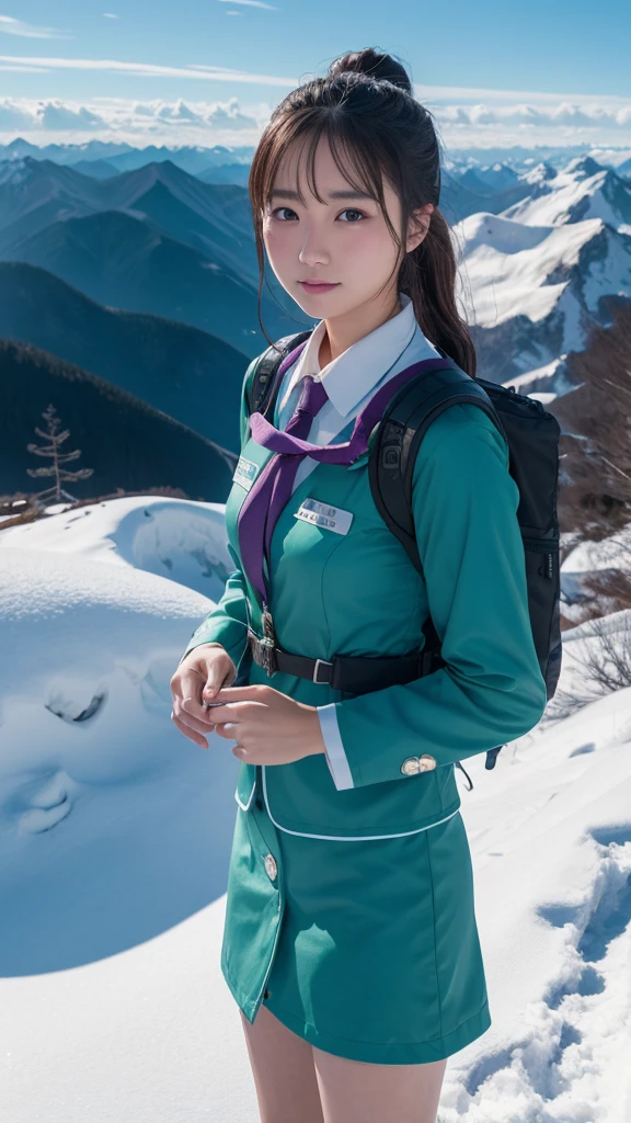 Super detailed, High resolution, Super detaileded, highest quality, wonderful, highest quality,Integrated 8K wallpaper, cinematic lighting, stewardess、20-year-old、Japanese、in mountain、The person is small