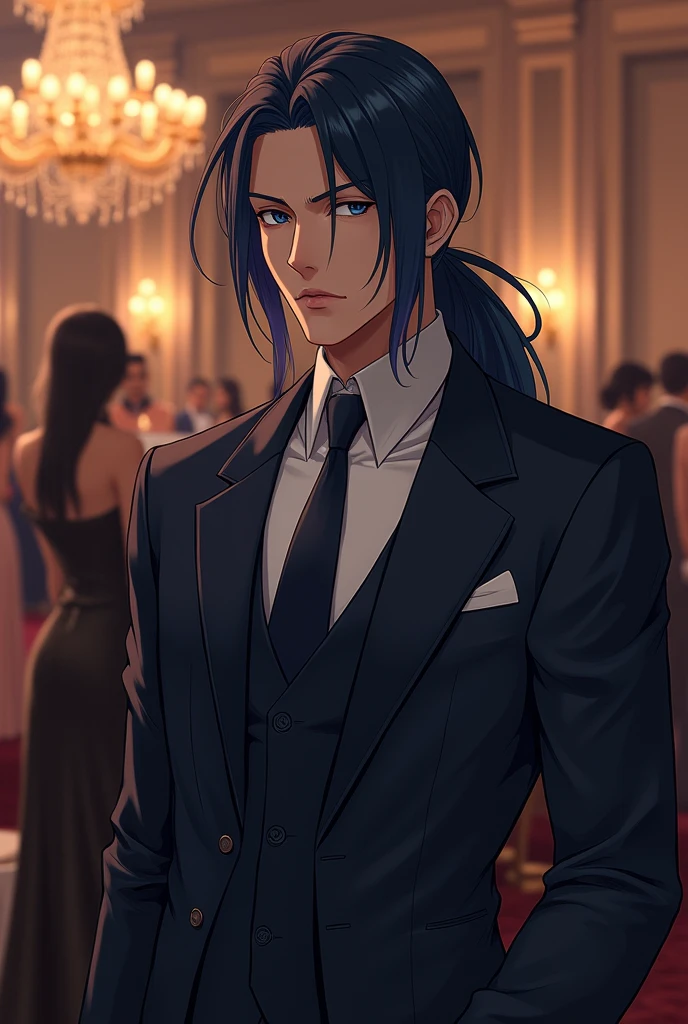 Long black hair anime man with long ponytail short bob on his forehead dark blue eyes dressed in elegant suit at an anniversary party