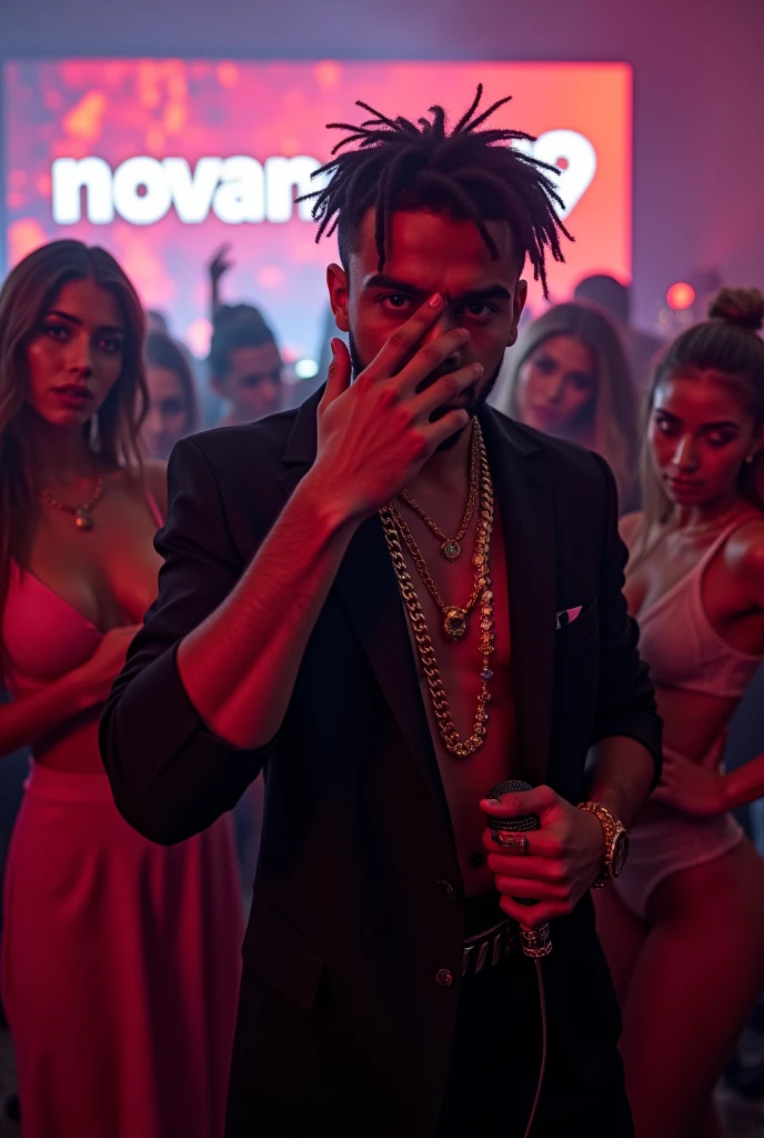Design a scene featuring Ethan Alexander Paull, a 1 UK drill rap artist, his hand hiding his face He's in a middle of a performance at a renowned club with the most luxury mic , surrounded by young girls that are over him, alluring women who amplify his menacing and seductive aura. His presence commands attention, with his Instagram id NOVANEXUS19 displayed prominently behind him on a large screen, highlighting his status and influence in the music scene. The club is alive with energy, reflecting his intense and charismatic persona.