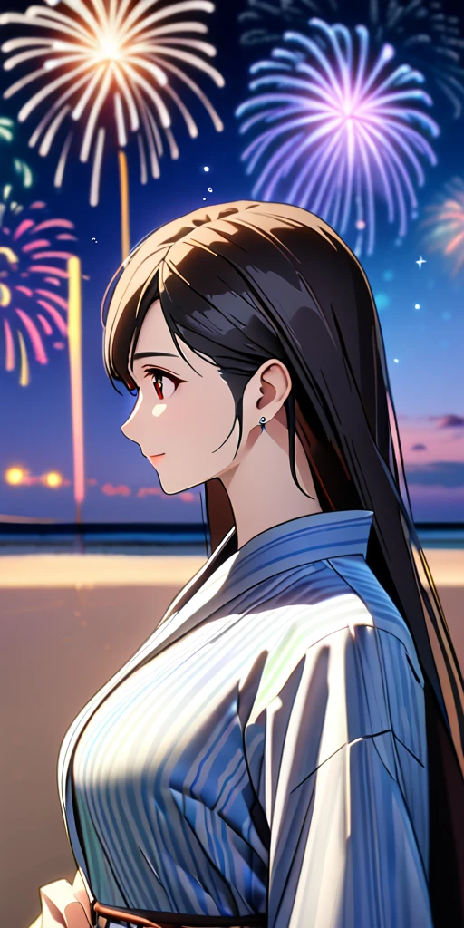 (((((tifa lockhart:1.5))))),((Highest quality、masterpiece、anime style、best quality、high resolution、8k、detailed、ultra-detailed:1.3))、Long legs:1.2, Beautiful woman with perfect figure:1.4、(Smiling:1.2), double eyelid、30-year-old female、((((One Woman,beautiful face,Beautiful face:1.5)))),Big Breasts、High resolution, accurate, Anatomically correct, High-resolution model, high quality, Very detailed, Ultra high definition、Black Hair、Straight Hair、Long Hair、(((summer、Starry Sky、Beach、long yukata、firework、Upper Body:1.1)))、solo, 