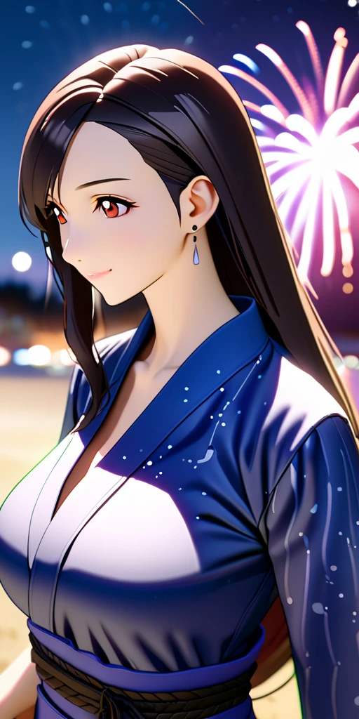 (((((tifa lockhart:1.5))))),((Highest quality、masterpiece、anime style、best quality、high resolution、8k、detailed、ultra-detailed:1.3))、Long legs:1.2, Beautiful woman with perfect figure:1.4、(Smiling:1.2), double eyelid、30-year-old female、((((One Woman,beautiful face,Beautiful face:1.5)))),Big Breasts、High resolution, accurate, Anatomically correct, High-resolution model, high quality, Very detailed, Ultra high definition、Black Hair、Straight Hair、Long Hair、(((summer、Starry Sky、Beach、long yukata、firework、Upper Body:1.1)))、solo,