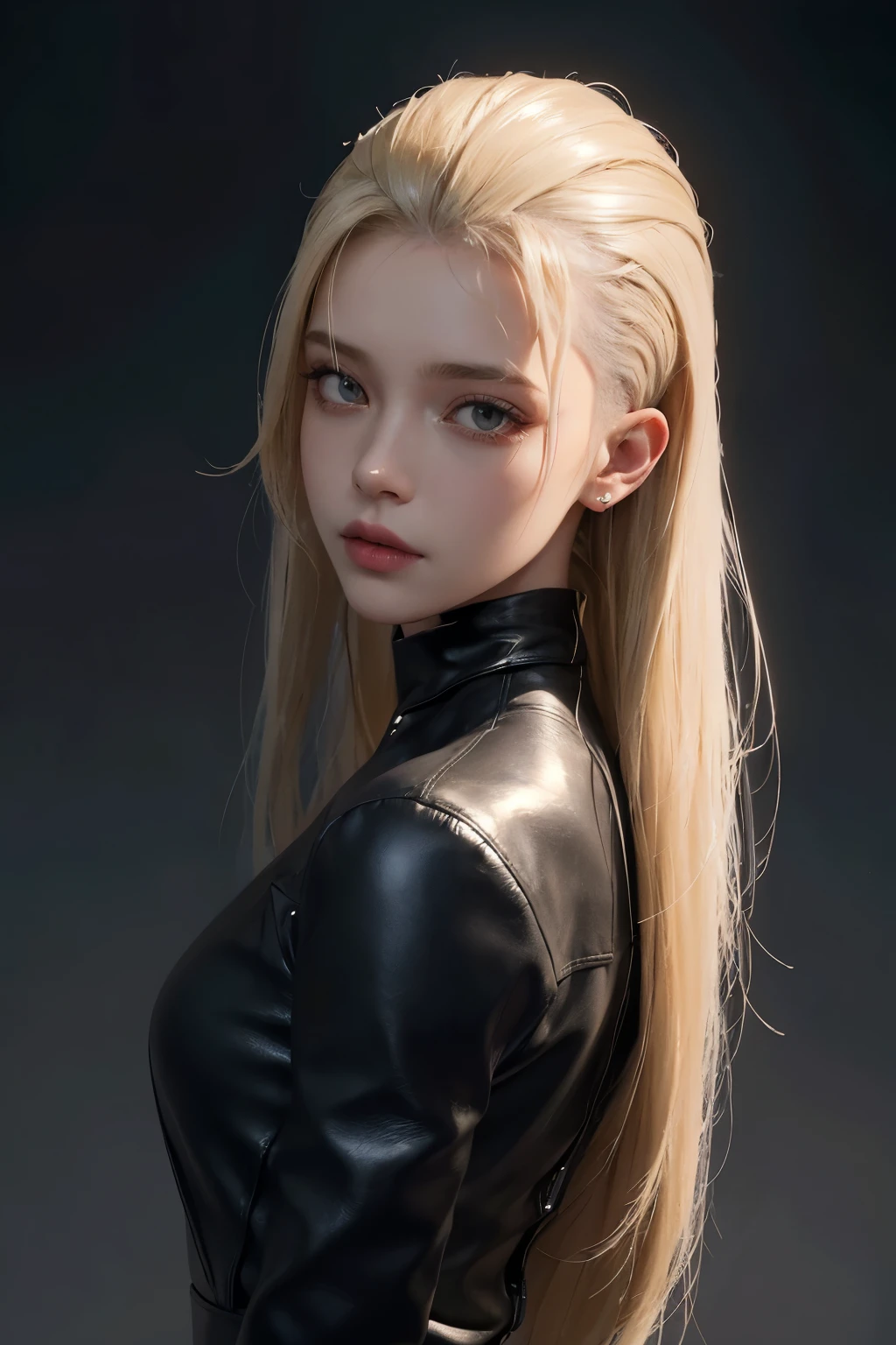 20 year old woman, long hair blonde, (hi-top fade:1.3), dark theme, soothing tones, muted colors, high contrast, (natural ultra textured leather, hyperrealism, soft light, spicy)