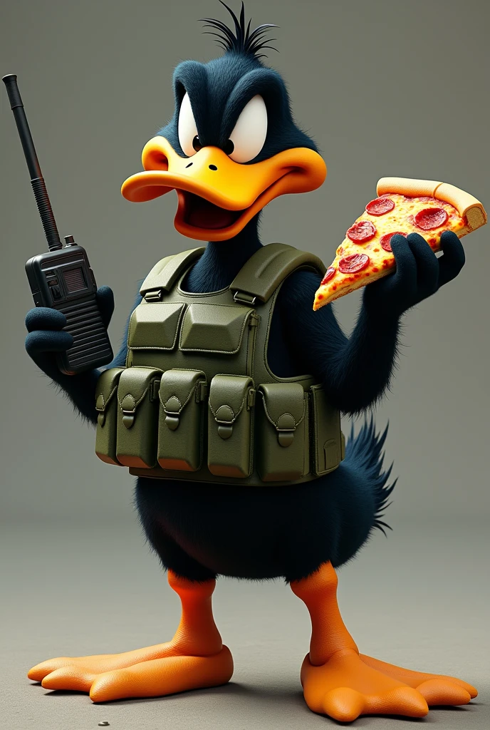 Daffy Duck logo ,with a military green bulletproof vest and a radio in his left hand and a piece of pizza in his right hand 