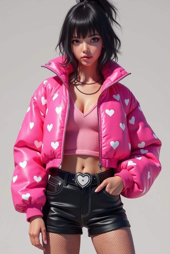 fantastic teenager girl、、leather tight shorts、、、good style、cutely standing upright、whole body、、neat face、heart buckle belt、heart pattern fluorescent pink jacket、Fishnet tights