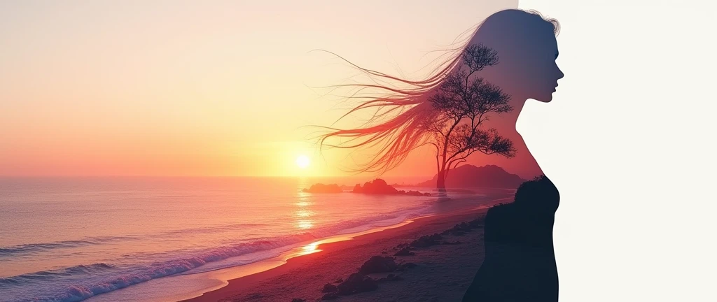 high quality, 8K Ultra HD, A beautiful double exposure that combines an goddess silhouette with sunset coast, sunset coast should serve as the underlying backdrop, with its details incorporated into the goddess , crisp lines, The background is monochrome, sharp focus, double exposure, by yukisakura, awesome full color,