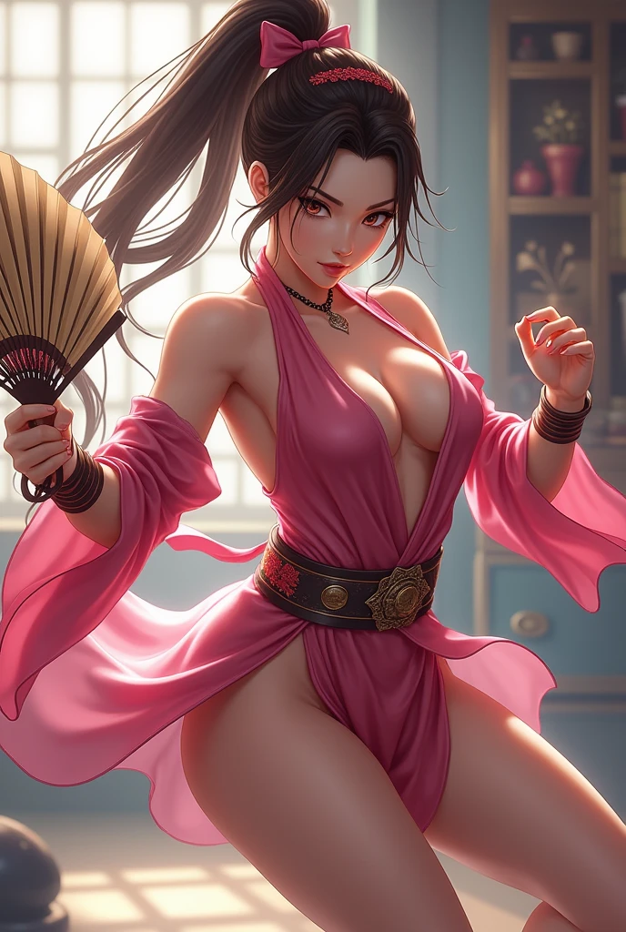 mai shiranui, Brown eyes, The whole body is reflected,Toes are visible,  Standing, Full body, Prestige, Long hair, Brown hair, White ribbon, Sleeveless, poneyTail, sash, pelvis curtain, arm guards, mitts, tabi, fascinated expression, Sexy eyes, medium breasts, Smile, Cute, view the viewer, Long hair, Close to Japan temple, (breasts focus:1.2), (Realistic:1.2), (Full Shot: 1.2), (Realism), (masutepiece:1.2), (Best Quality), (ultra-detailliert), (8K, 4K, Convoluted), (85 mm), light Particle, Lighting, (Highly detailed:1.2), (Detailed face:1.2), (gradients), SFV, Colorful, (Detailed eyes:1.2), (Detailed temples of Japan: 1.2),(Detailed background), (Dynamic Angle:1.2), (Dynamic Pose:1.2), (Line of action:1.2), Wide Shot, Daylight, Solo.