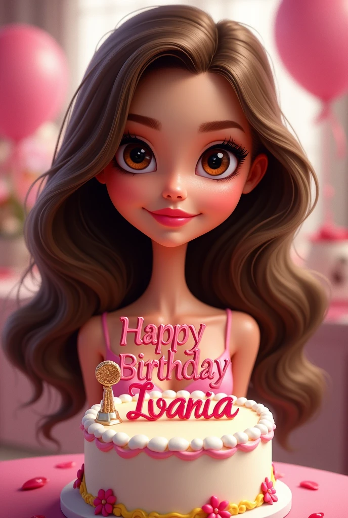 Create a barbie-style caricature of a woman with wavy brown hair down the middle of her back and brown eyes with a cake that says happy birthday Luisa Ivania in the background