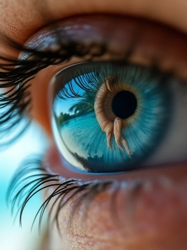 Extreme close-up De l'œil d'une femme magnifique, in which we see the reflection of a beautiful naked woman leaning forward on a tropical beach.