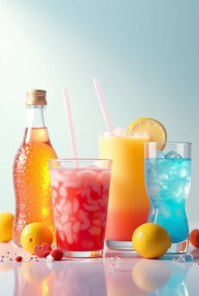 Put these four types of food in one image Soda. (bottle)
Water. (bottle)
smoothies. (Plastic cup)
Slush drink (Plastic vase)