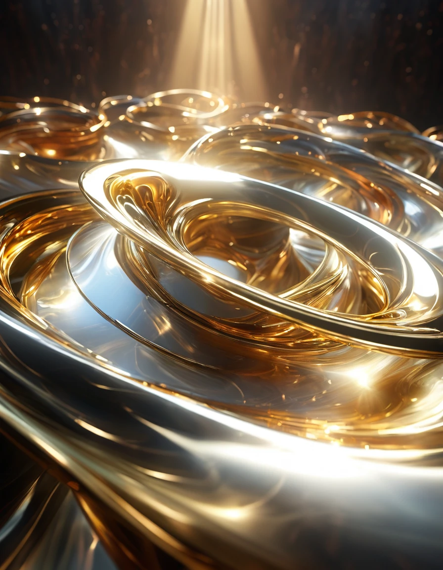 高反射率和光泽的液态Metal雕塑, Ethereal Lights, Strong contrast between light and shadow, black and gold，3D Rendering, (best quality,4K,8K,high resolution,masterpiece:1.2),Extremely detailed,(Practical,photoPractical,photo-Practical:1.37),HDR,Studio Lighting,Physically Based Rendering,Extremely detailed的描述,professional,Vibrant colors,Dramatic Lighting,Movie,Futuristic,Metal,program,Abstract