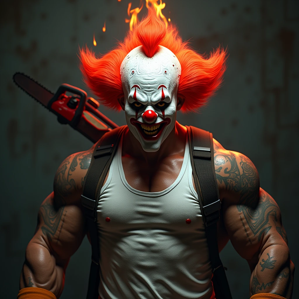 A muscular firefighter, wearing a fireman hat with uniform wearing a scary clown mask, with the head on fire, wearing a white tank top and with tattoos on his arm, with very large round very matte red glasses, with a red spinning saw on his back