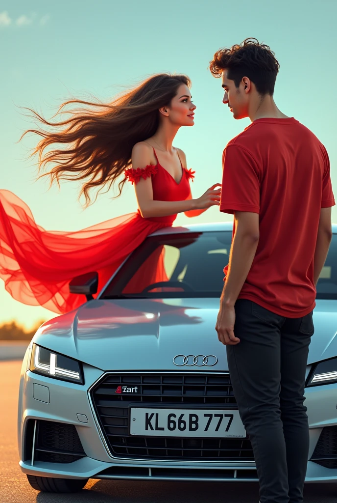 A girl with his lover. And she have a Audi TT .that car number is KL 66 B 777.and she's dress has a red frok and that boy's dress was red shirt and black pant and Nike shoes